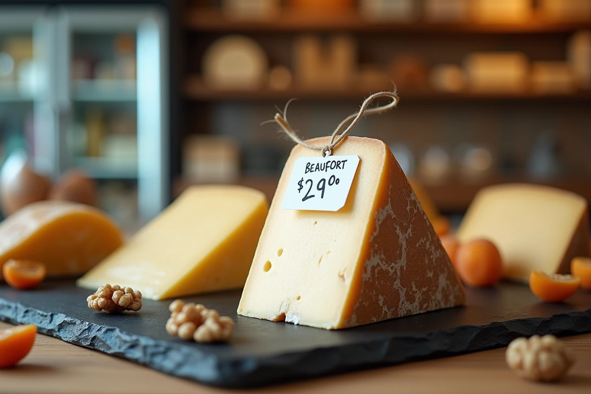 Étiquette de prix artisanale posée contre un morceau de Beaufort AOP sur une ardoise dans une fromagerie spécialisée