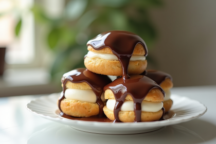 Profiteroles glacés avec sauce chocolat brillante