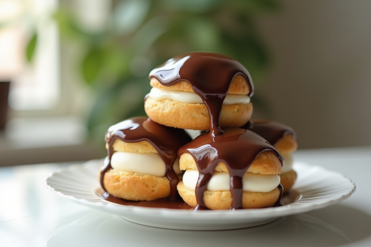 Profiteroles glacés avec sauce chocolat brillante