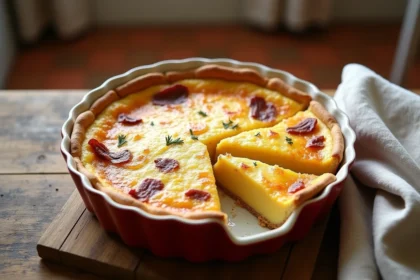 Quiche lorraine sans pâte dorée dans un plat en céramique ronde sur une table en bois de cuisine rustique