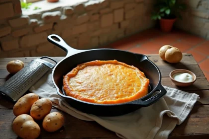 Rapée de pommes de terre auvergnate dorée dans une poêle en fonte sur table en bois rustique avec râpe et crème fraîche