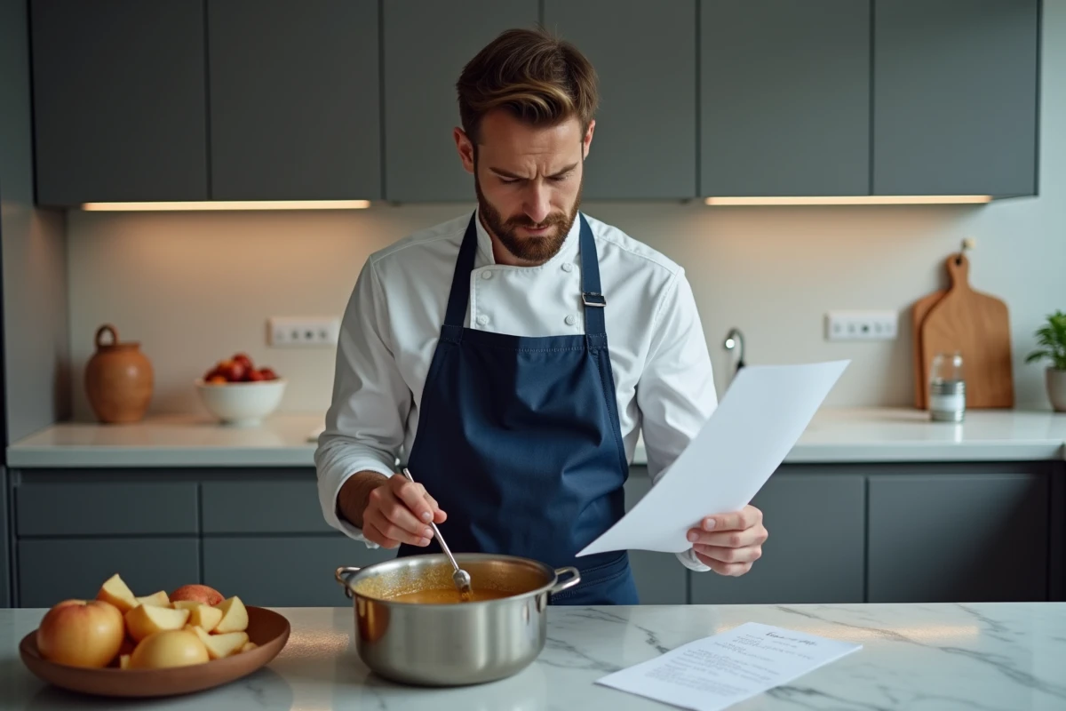 Homme consultant une recette de pâte de fruit à la pomme avec un thermomètre de cuisson dans une cuisine moderne