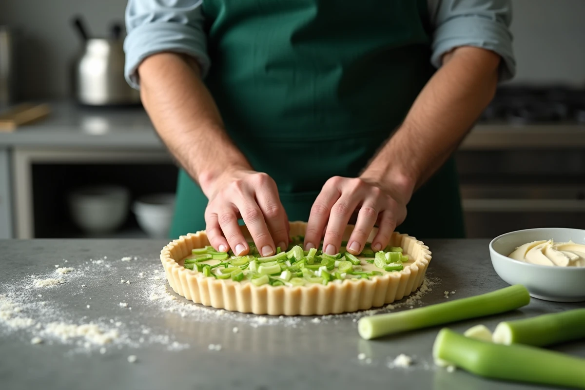 Chef répartissant des poireaux émincés de façon homogène dans un moule à quiche en céramique sur un plan de travail moderne