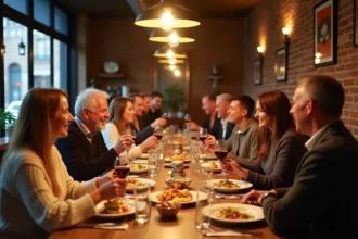 Grande tablée de groupe dans une brasserie lilloise avec plats régionaux et ambiance conviviale
