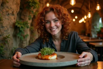 Femme découvrant un plat artistique dans un restaurant immersif à Lyon avec décor botanique et murs en pierre