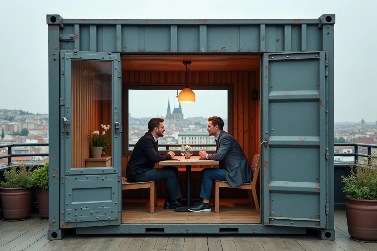 Couple dînant dans un container aménagé sur un rooftop avec vue panoramique sur la ville de Lyon et la basilique de Fourvière