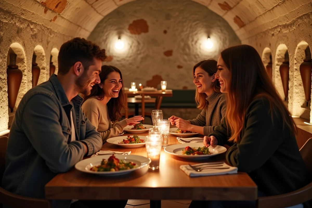 Groupe d'amis riant autour d'une table dans un restaurant souterrain immersif à Lyon avec voûtes en pierre romaines