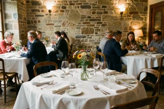 Vue d'ensemble d'une salle de restaurant élégante en Seine-et-Marne, avec nappes blanches et décor rustique en pierre