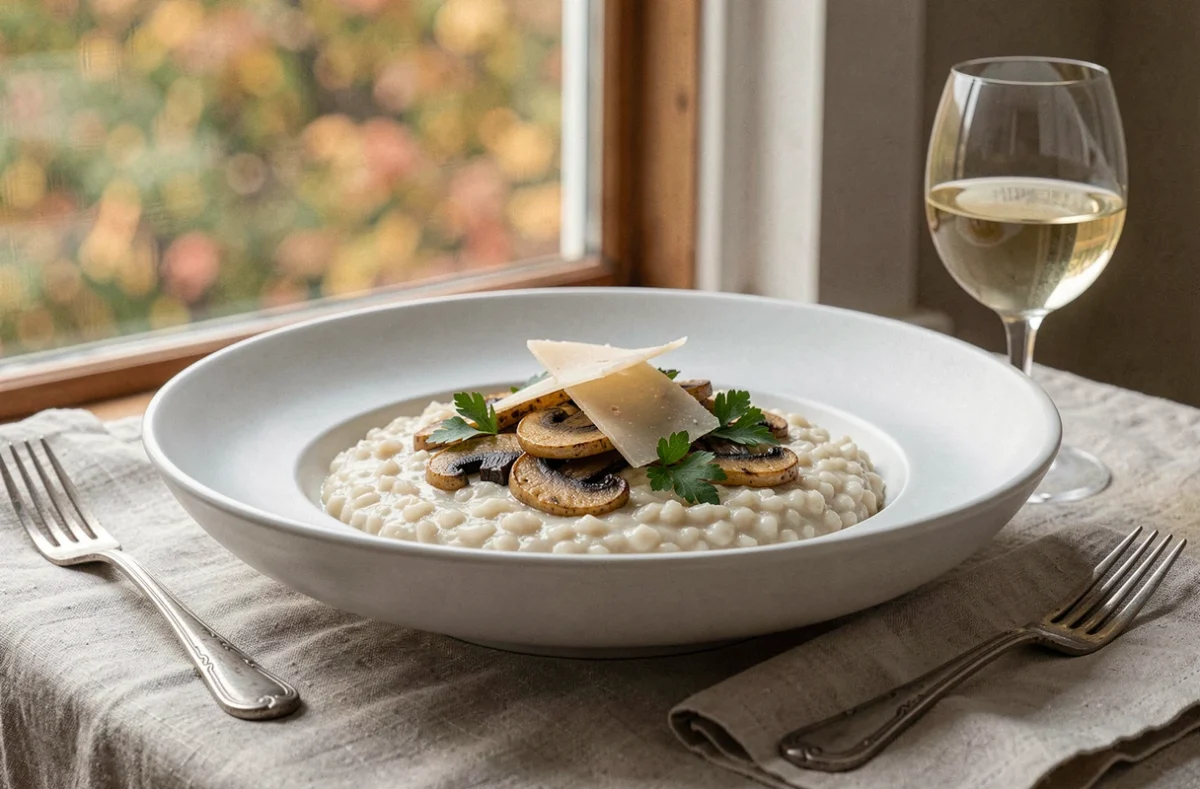 Risotto aux champignons Charbonnier servi dans un bol blanc sur table en bois, garni de persil et parmesan