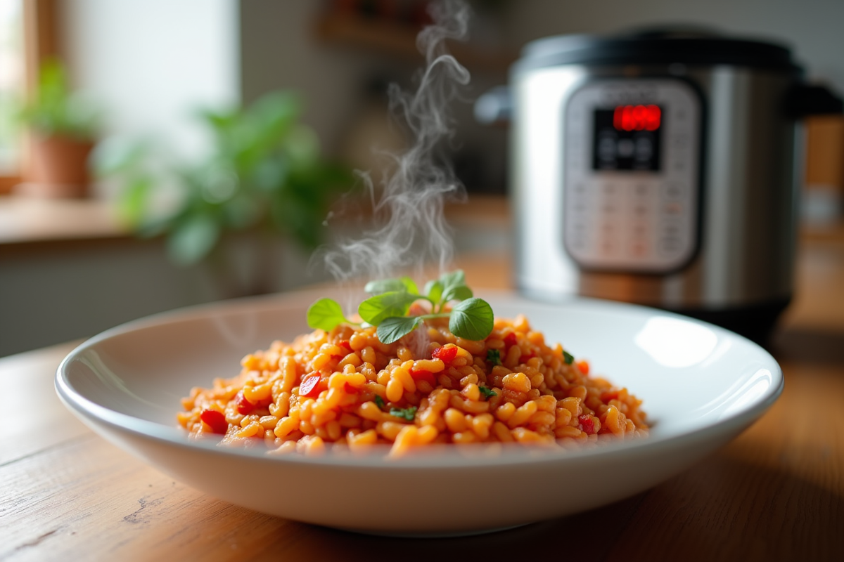 Risotto au chorizo dans un bol blanc moderne en cuisine