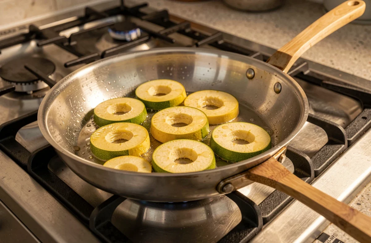 Rondelles de courgette dorées dans une poêle en inox