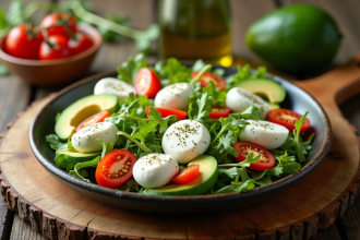 Salade de mozzarella fraîche avec avocat et tomates cerises