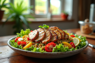 Salade de quinoa colorée avec légumes et poulet grillé