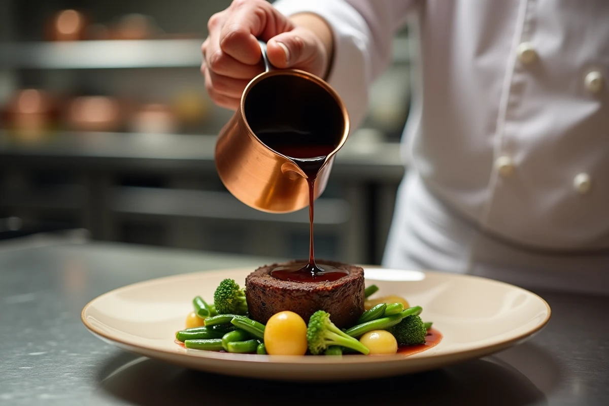 Cuisinier versant une sauce de rôti de veau depuis une casserole en cuivre sur une assiette de légumes vapeur dans une cuisine professionnelle