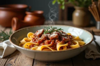 Bol de sauce de rôti de veau nappant des pâtes pappardelle garnies de thym frais et de parmesan râpé sur une table en bois rustique