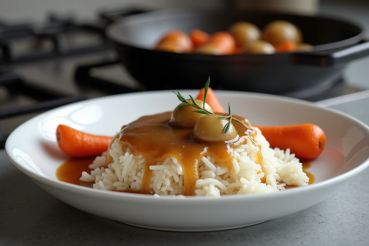 Plat de service blanc avec du riz basmati nappé de sauce de rôti de veau accompagné de carottes rôties et d'oignons grelots sur un comptoir en pierre