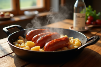 Diots de Savoie cuits dans une cocotte en fonte avec pommes de terre et oignons