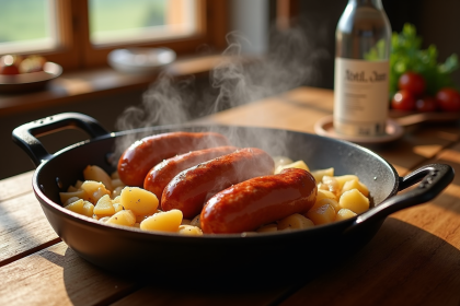Diots de Savoie cuits dans une cocotte en fonte avec pommes de terre et oignons
