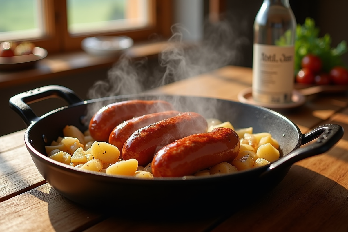 Diots de Savoie cuits dans une cocotte en fonte avec pommes de terre et oignons
