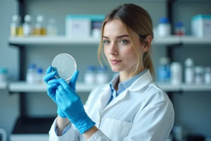 Scientifique en laboratoire de microbiologie examinant une boîte de Pétri dans le contexte de l'autolyse cellulaire