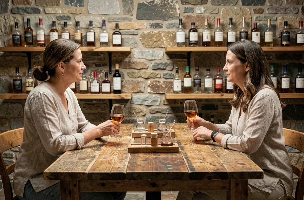 Deux femmes participant à une session de dégustation guidée du whisky tourbé Fondaudège dans un cadre rustique