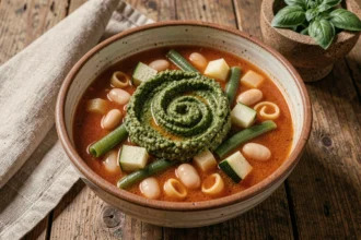 Bol de soupe au pistou provençale traditionnelle avec pistou au basilic, haricots blancs et légumes d'été sur table en bois rustique