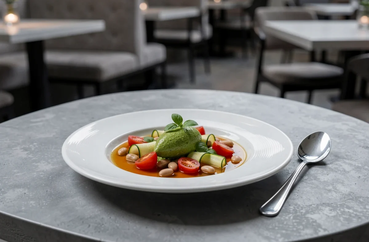 Soupe au pistou revisitée dans une assiette moderne avec légumes raffinés et pistou en quenelle, présentation gastronomique