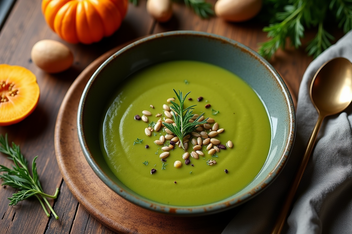 Soupe de courge verte dans une assiette rustique