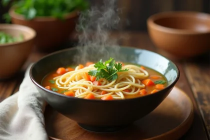 Bol de soupe vermicelle grand-mère sans gluten avec des vermicelles de riz, carottes et persil dans un bouillon doré, servi dans une cuisine rustique en bois