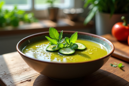 Bol de gazpacho de courgettes maison sur table en bois