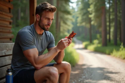 Sportif mangeant du beef jerky sur un banc au bord d'un sentier de trail en forêt