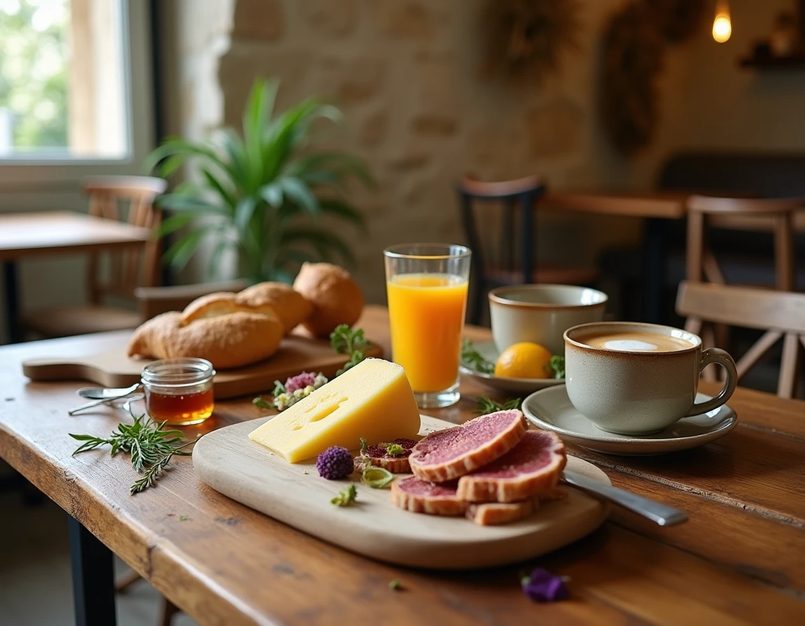 Table de brunch local à Hyères avec fromages régionaux, pain de campagne et café sur fond de murs en pierre