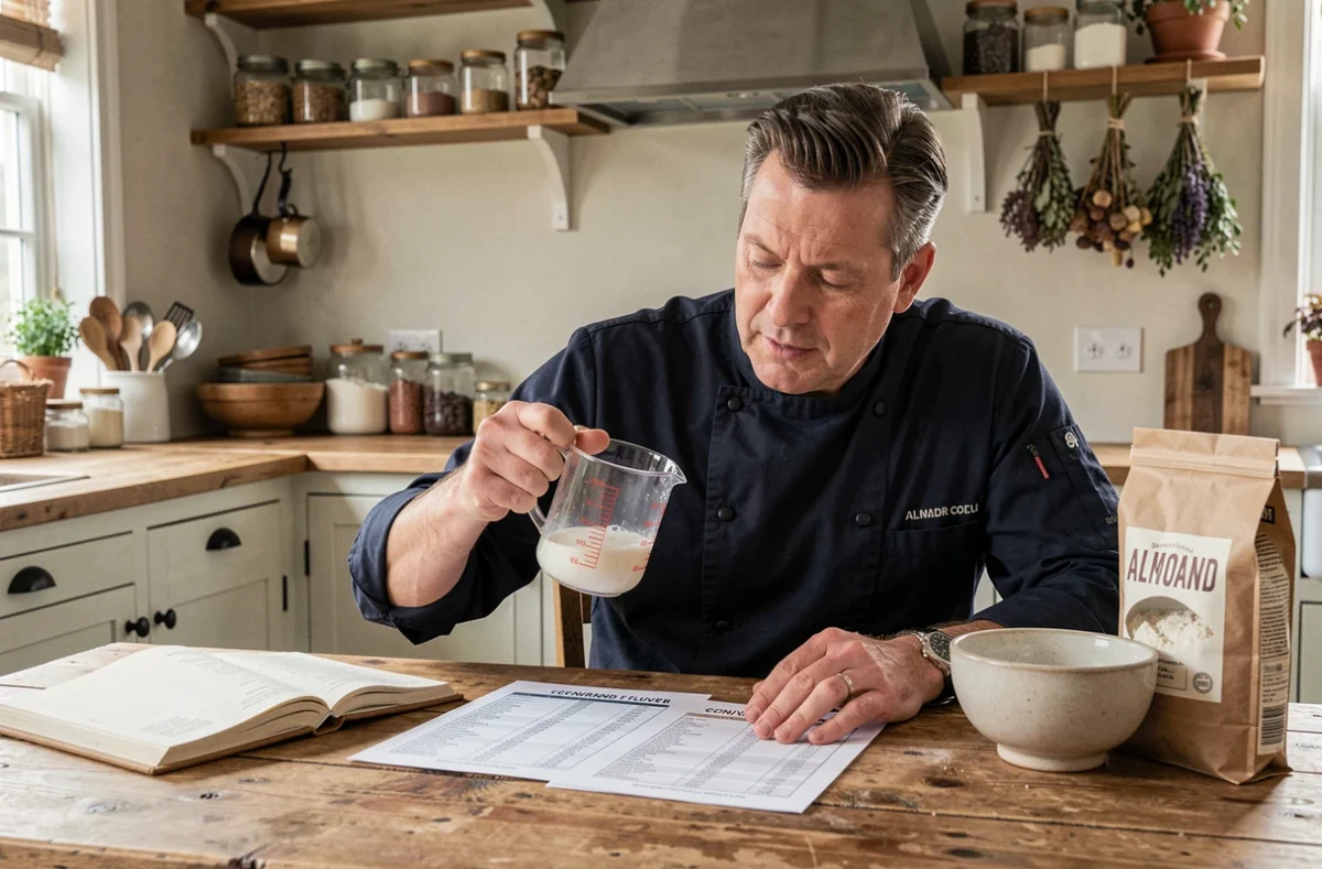 Homme consultant une table de conversion cup en grammes dans une cuisine rustique avec livre de recettes