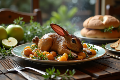 Table rustique avec plat de lapin en cidre et pain