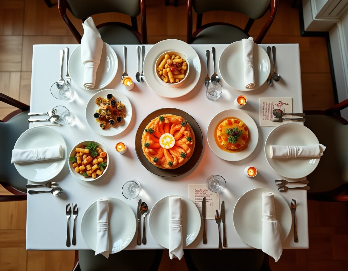 Vue en plongée d'une table de fête pour groupe dans un restaurant gastronomique de Lille