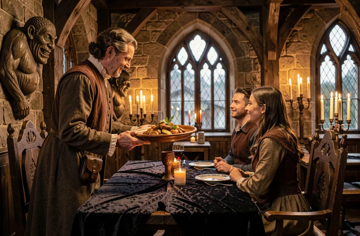 Intérieur insolite et médiéval du restaurant La Table d'Ogre à Maison-Rouge, avec décor fantastique et service en costume