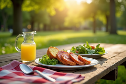Table de pique-nique en plein air avec chorizo et fromage de chèvre