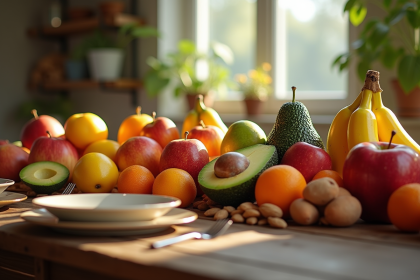 Table rustique avec fruits commençant par A