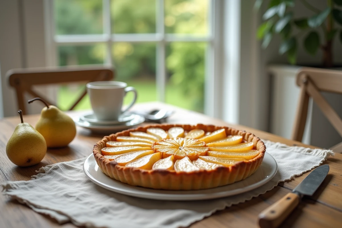 Gros plan sur tarte aux poires avec note de recette