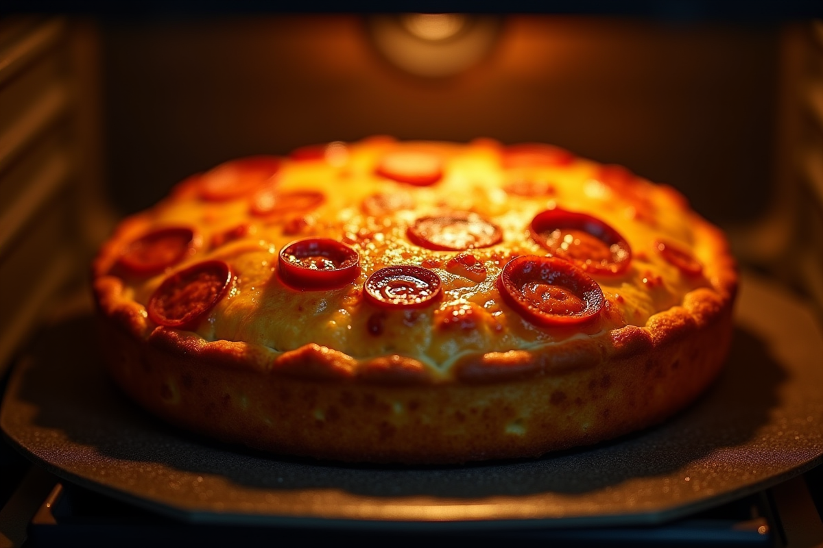 Tarte poivron et chorizo en cuisson dans le four