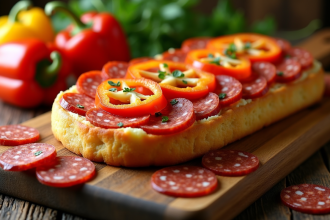 Tarte poivron et chorizo tranchée sur planche rustique