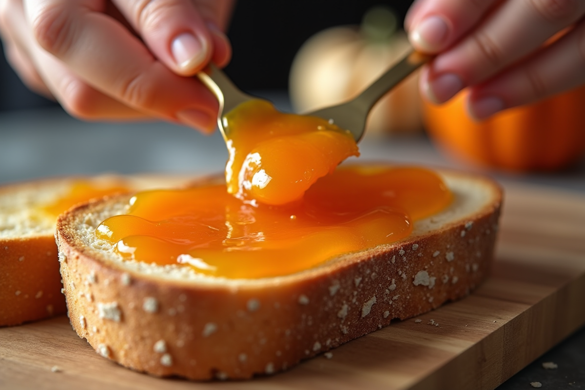 Main étalant confiture de courge sur pain croustillant
