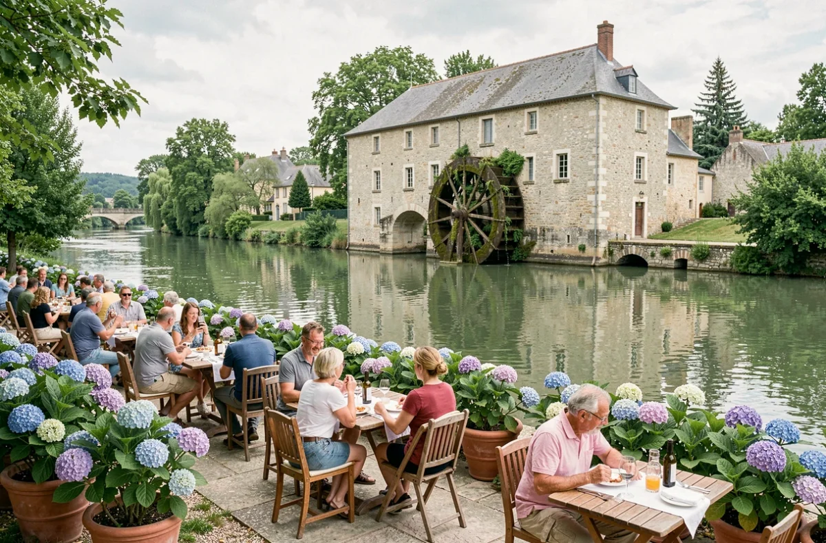 Terrasse du Moulin de Nemours en bord du Loing, avec les convives profitant de la guinguette face au vieux moulin en pierre