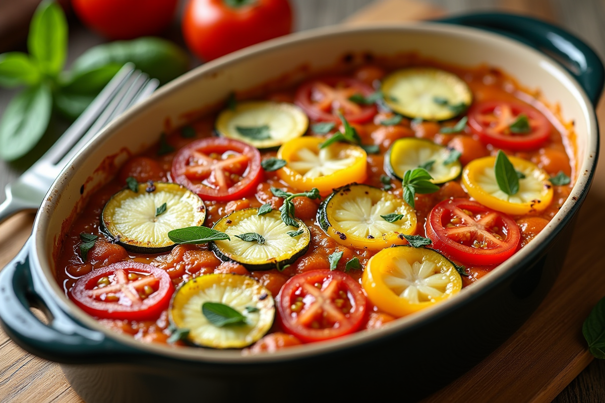Tian provençal avec courgettes jaunes et tomates en gros plan