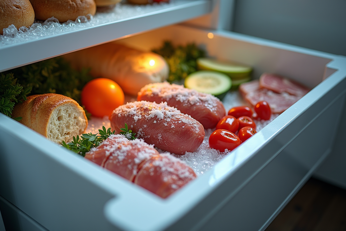 Tiroir de congélateur ouvert rempli d'aliments variés