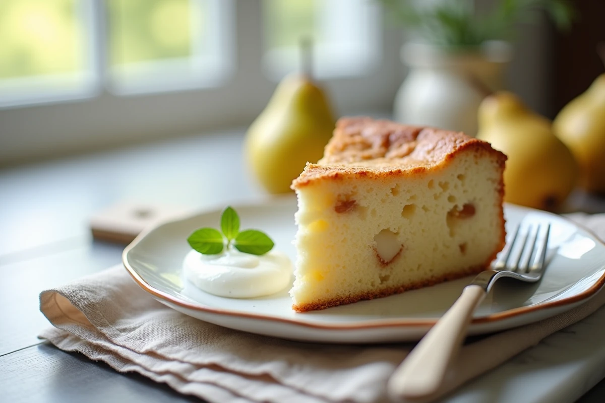 Tranche de gâteau poire yaourt moelleux sur une assiette en céramique avec une quenelle de yaourt grec et une feuille de menthe