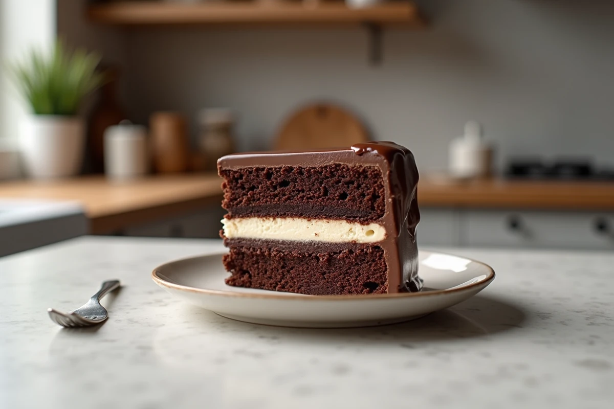 Tranche de gâteau trois chocolats avec couches bien définies sur une assiette en céramique