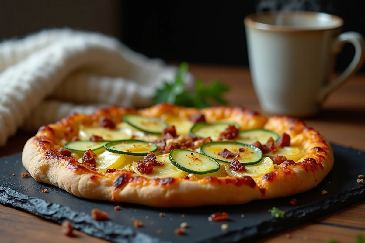 Tranche de pizza courgette façon tartiflette avec reblochon fondu et lardons sur une ardoise noire