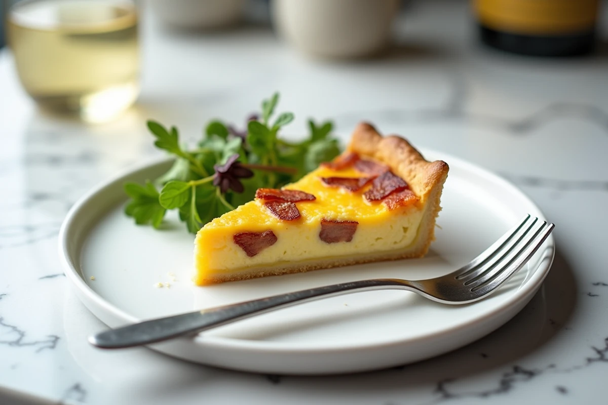 Tranche de quiche lorraine sans pâte servie avec salade verte sur assiette blanche et marbre