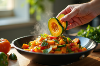 Tranches de courge verte ajoutées à un stirfry coloré